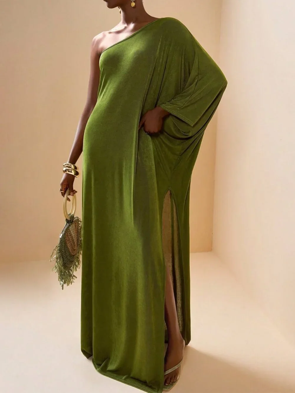 Army Green Elegant Women's One-Shoulder Robe Beach Cover-Up