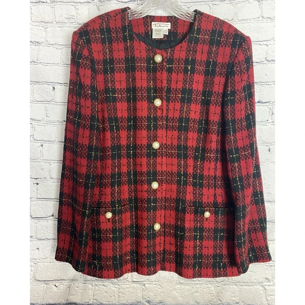 Talbots Petite Vintage Wool Red‎ Black Plaid Blazer Pearl Buttons 14 Clueless