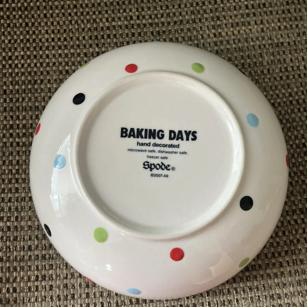 SPODE BAKING DAYS BOWL WHITE w/ Multicolor Polka‎ Dots Hand Decorated 2007