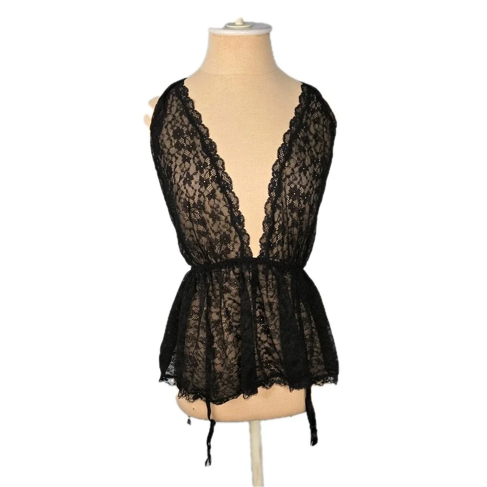 Victoria's Secret Black Lace Halter‎ Top Nightie With Garters Size S Lingerie