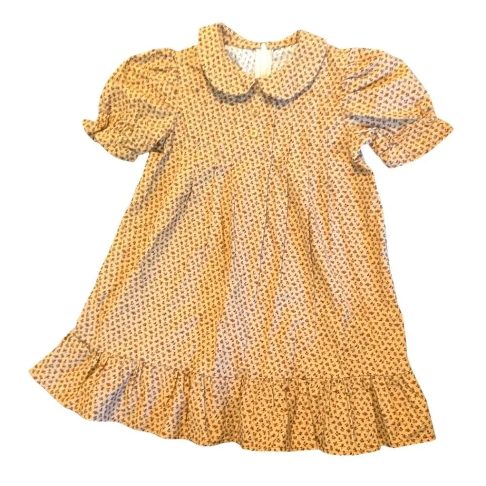 Vintage Girls Tan Brown Floral Print Prairie‎ Dress Ruffles