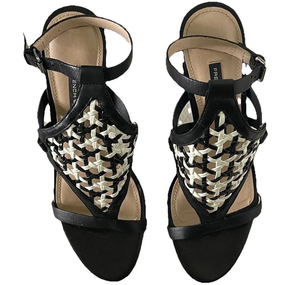 French Connection Linny‎ Ankle Strap Sandals Black White Stiletto Heel 3.75