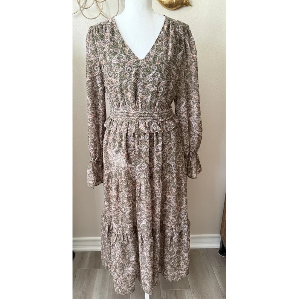 Loveriche Paisley Midi Dress Boho Wedding Guest‎ Ruffle Size Medium