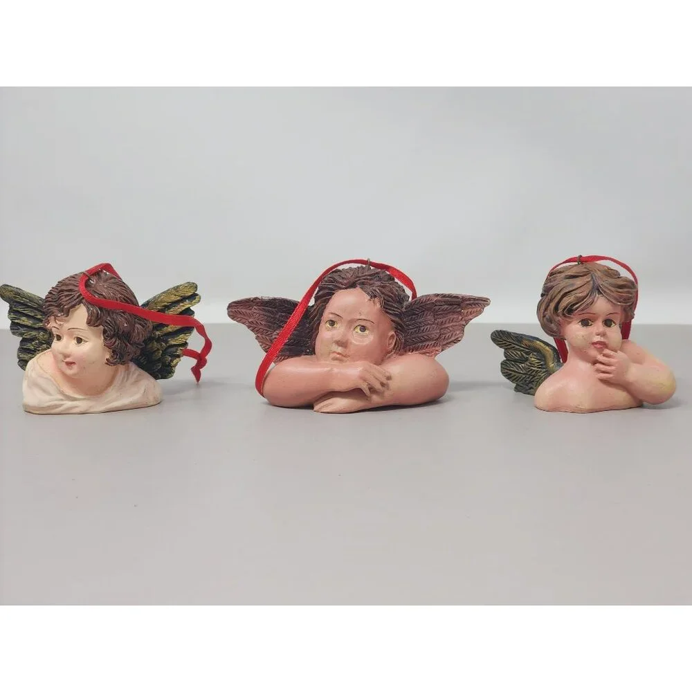 Set Of 3‎ Resin Angel Cherub Ornaments With Green Wings & Red Ribbon Hangers