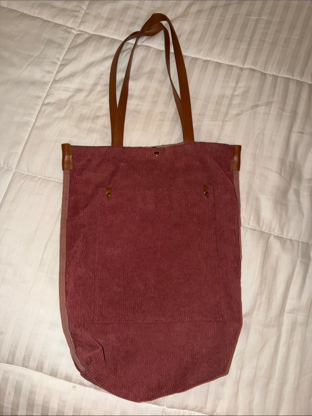 Women’s Casual Corduroy Tote Bag in Dusty Rose with Brown Straps