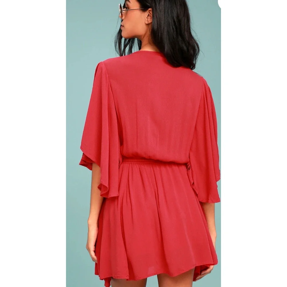 Free People Red Cora Dress Embroidered Split Sleeve Mini Fairy Festival Boho‎ XS