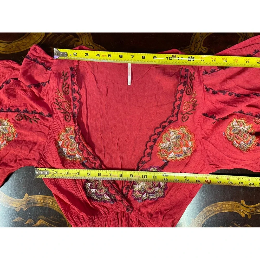 Free People Red Cora Dress Embroidered Split Sleeve Mini Fairy Festival Boho‎ XS