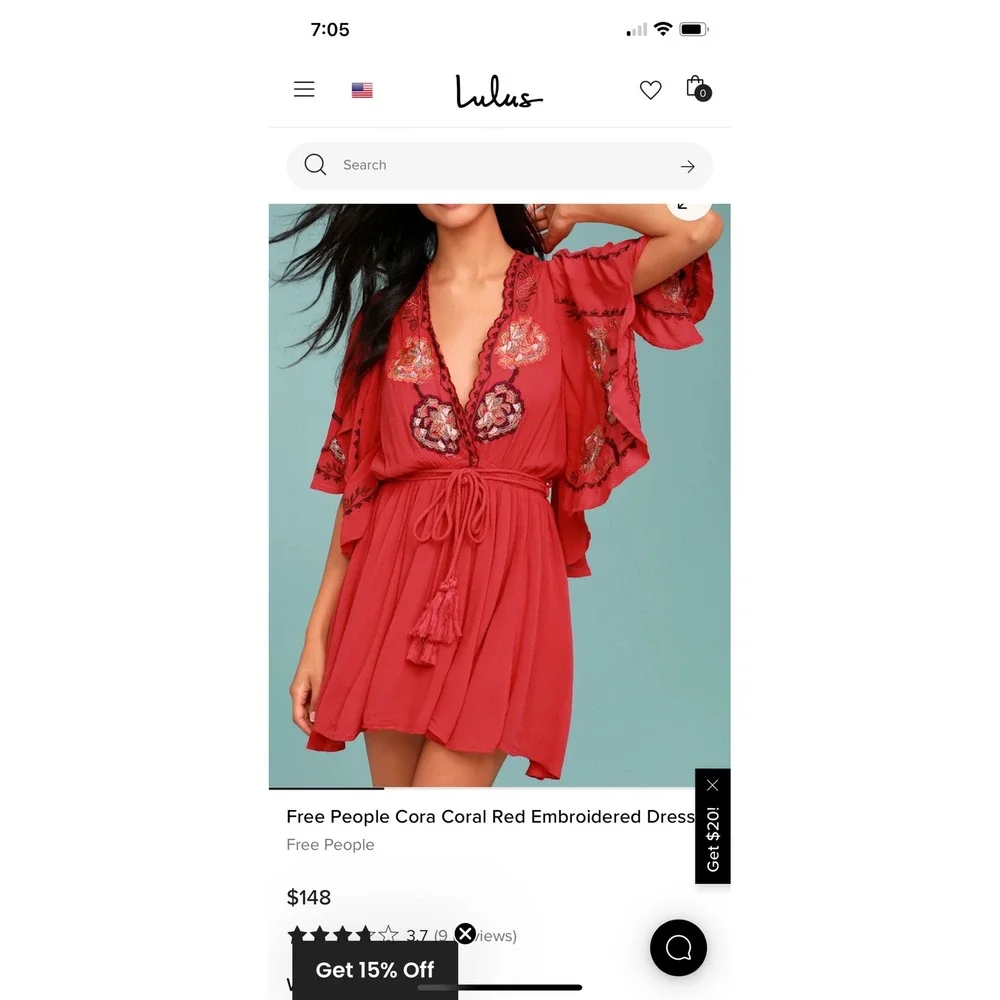Free People Red Cora Dress Embroidered Split Sleeve Mini Fairy Festival Boho‎ XS