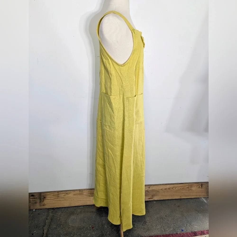 Yellow Sleeveless Linen Dress Pinafore Style Maxi With Pockets Art To Wear S Bib