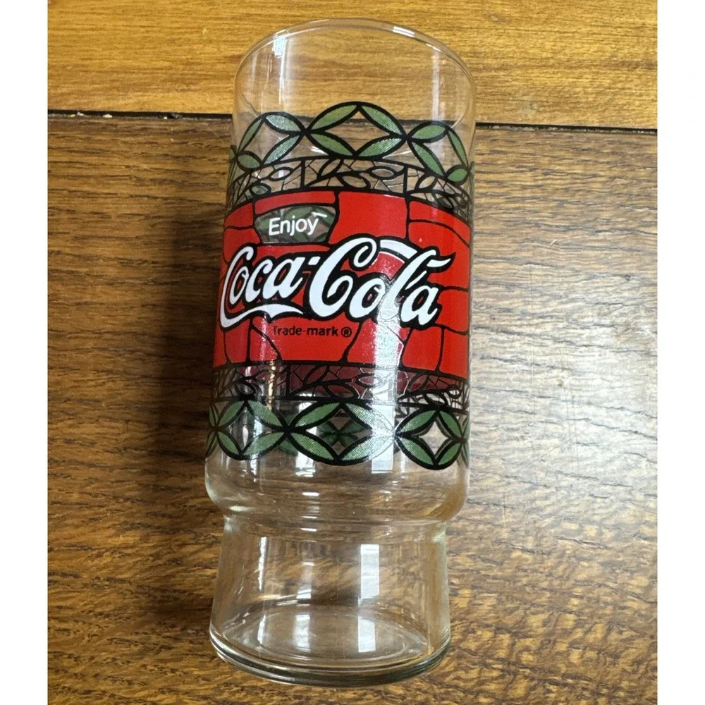 Coca Cola Tiffany Style‎ Stained Glass Green Red Coke Drinking Cup Pedestal VTG