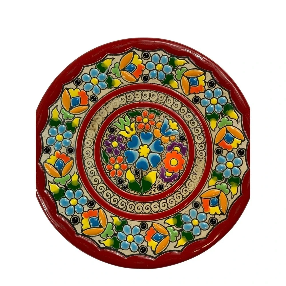 Vintage Cearco Spanish Ceramic Plate Cuerda Seca Hand Painted Floral Red