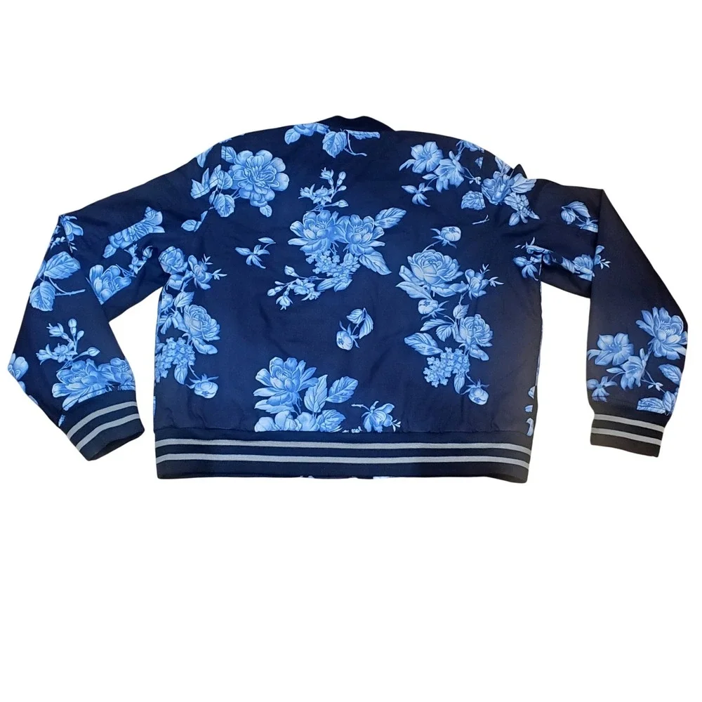 Gap Women Navy Blue‎ Floral Print Bomber Full Zip Jacket Lightweight Size XL