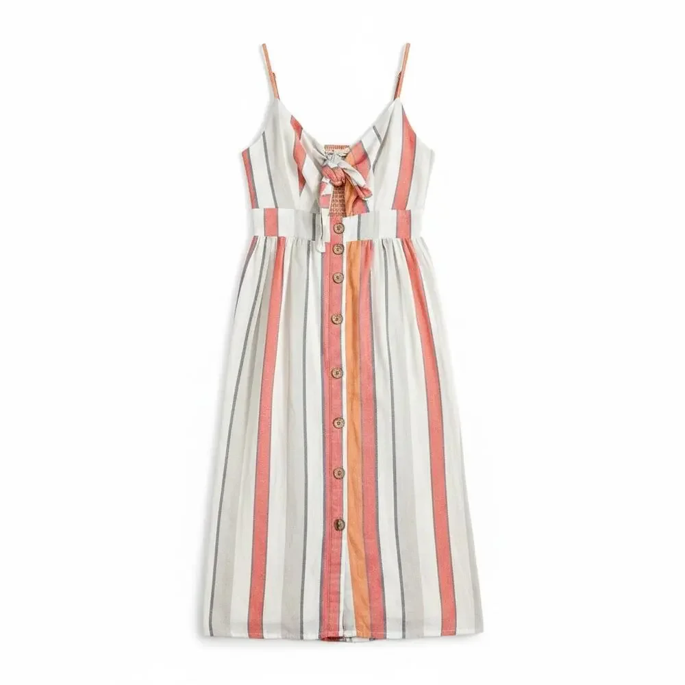 Japna Striped Midi Sundress Tie Front Button Front Cotton Blend Size M‎