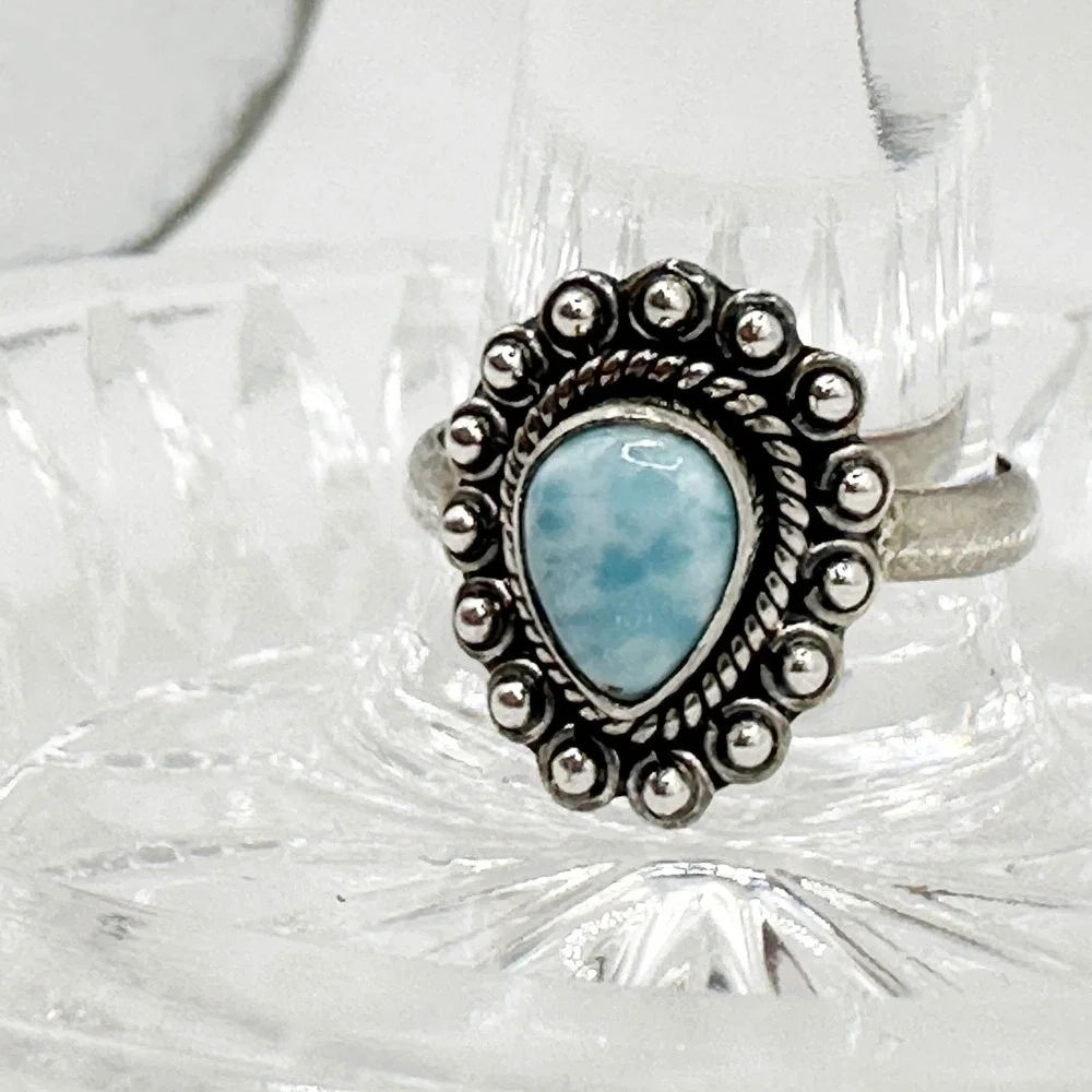 NEW Larimar Teadrop Cut .925 Sterling Silver Ring‎ Sz 8 Bezel Southwestern