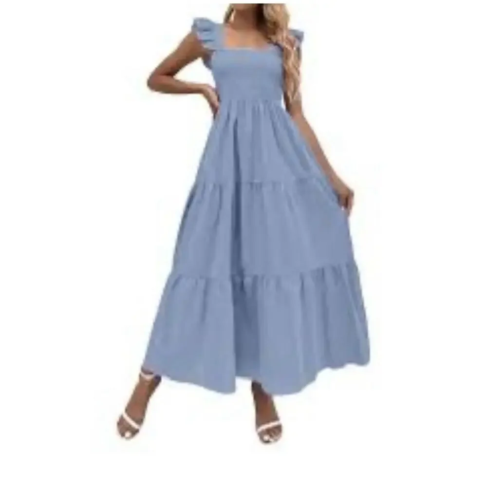 Tiered Smocked Dress Womens Size Small Blue High Waisted ‎ Fairy Summer Sundress