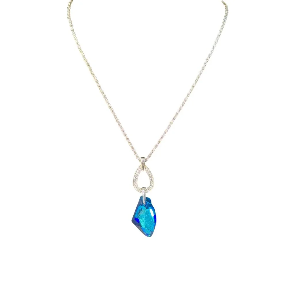 Jon Richard Bermuda Blue Swarovski Crystal Teardrop Pendant Necklace silver tone