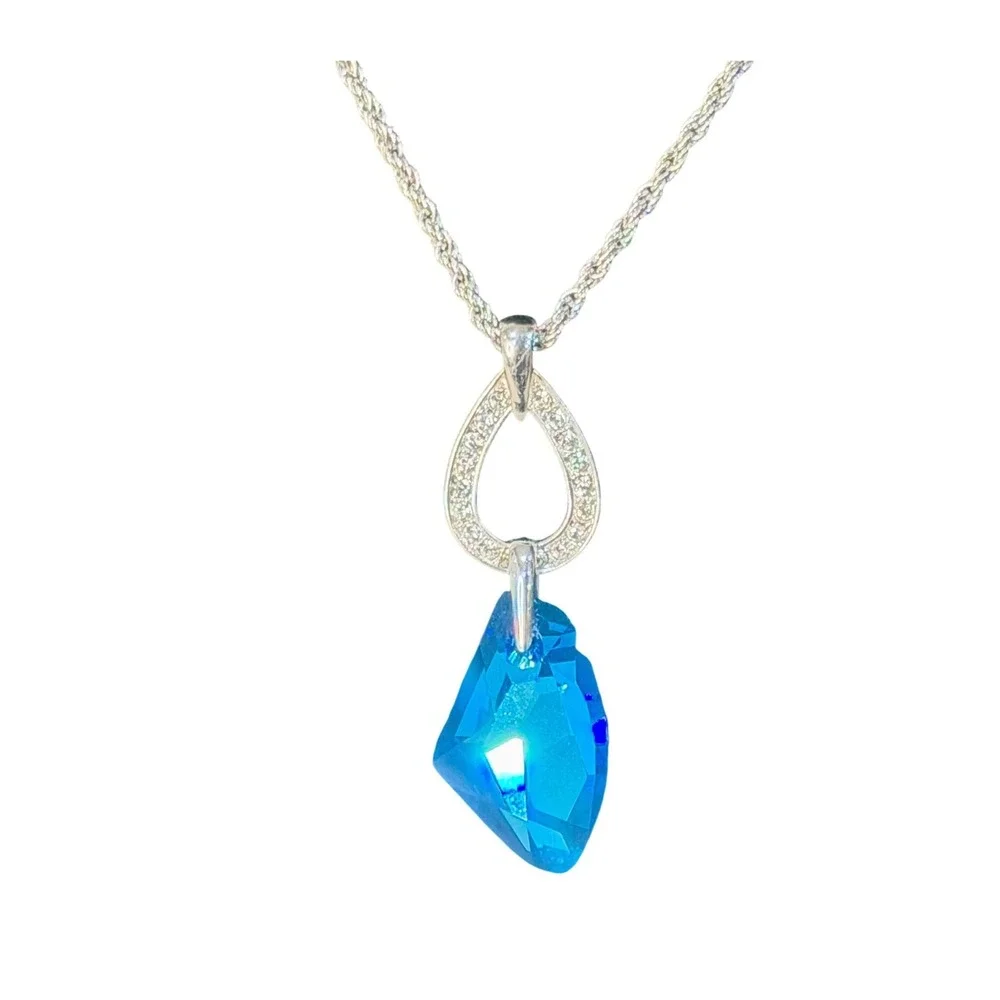 Jon Richard Bermuda Blue Swarovski Crystal Teardrop Pendant Necklace silver tone