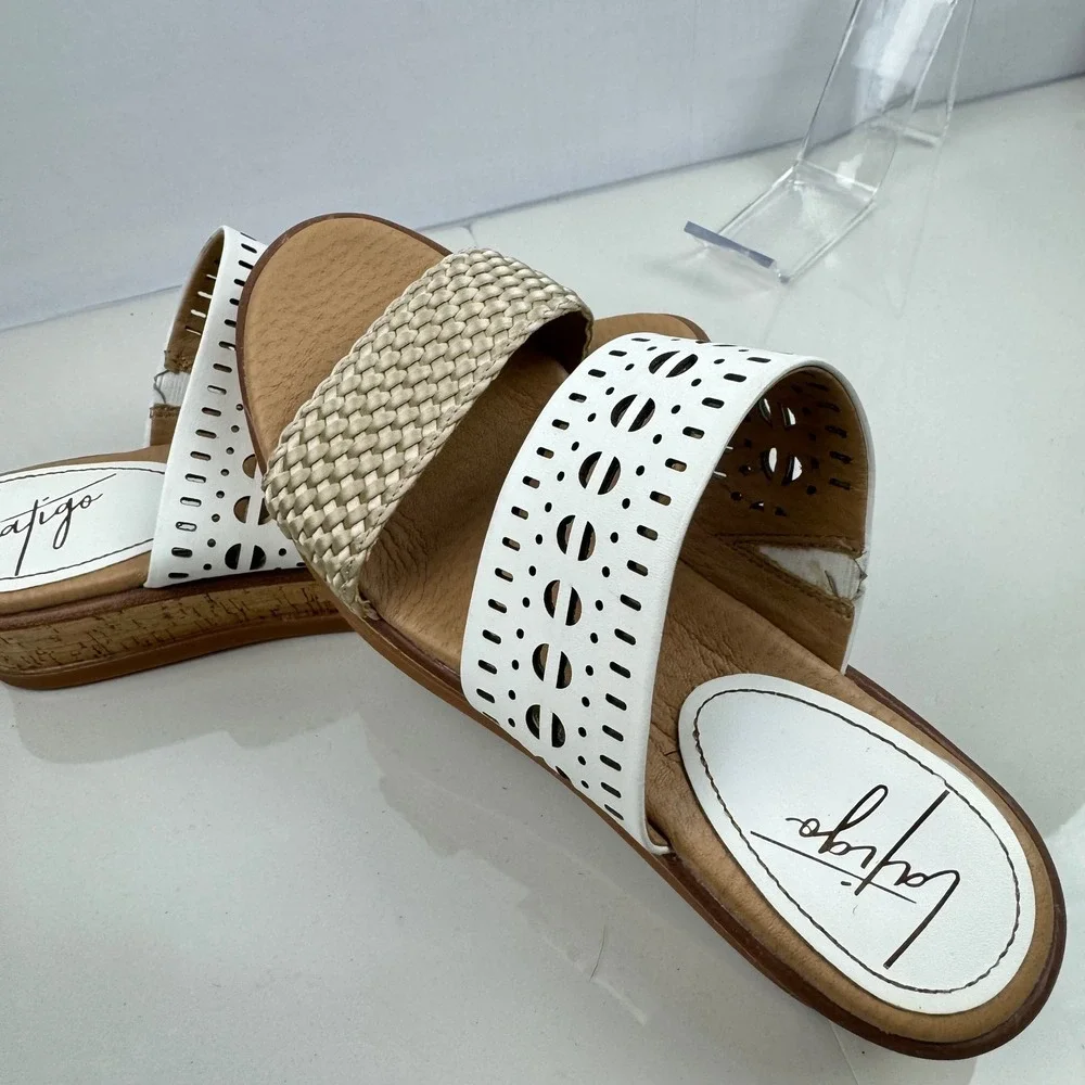 Latigo Kate White Wedge Slide Sandals Women Size 8‎ Cork Wedge Laser Cut