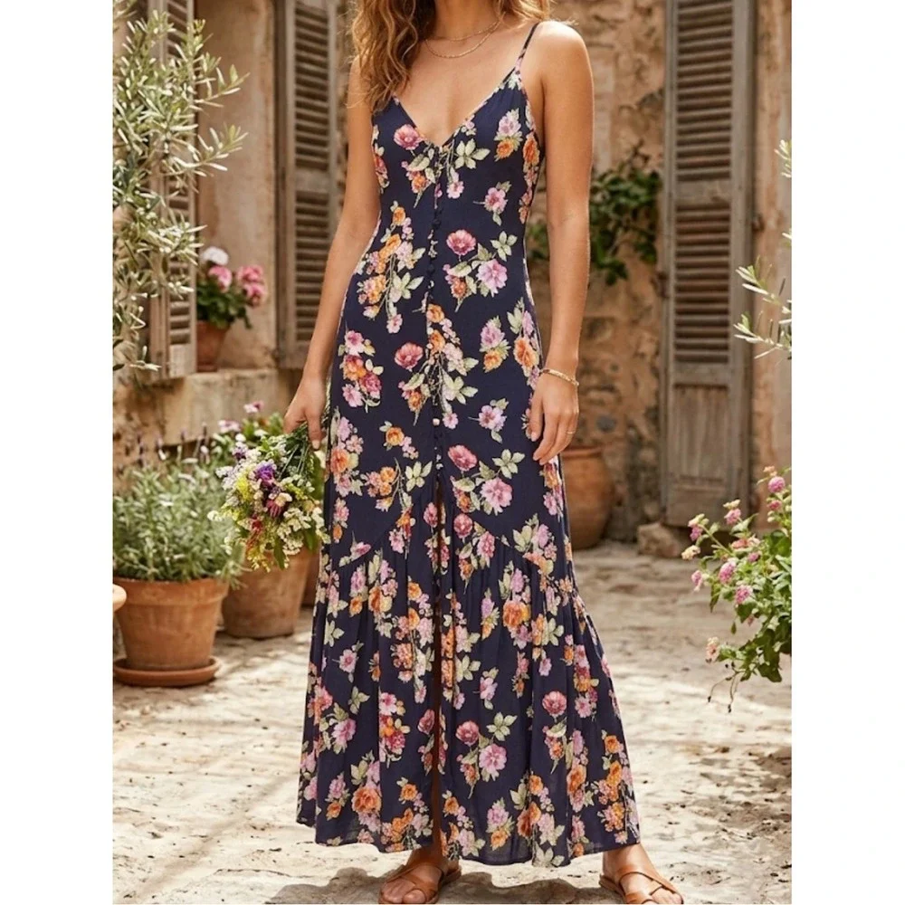 FLINN SKYE Small Black Floral Spaghetti Strap Hi Low Dress Y2K Button‎ Front USA