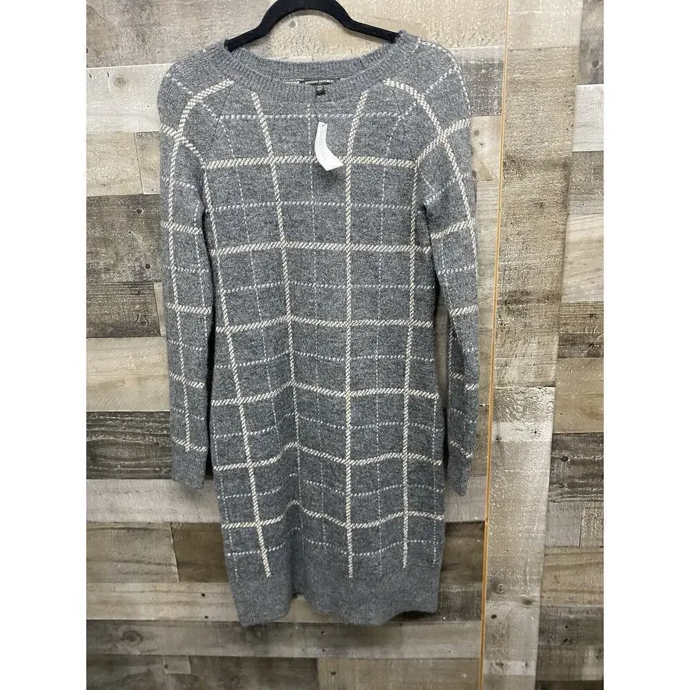 BANANA REPUBLIC Windowpane Sweater Dress Gray White Striped Turtleneck Sz XS NEW