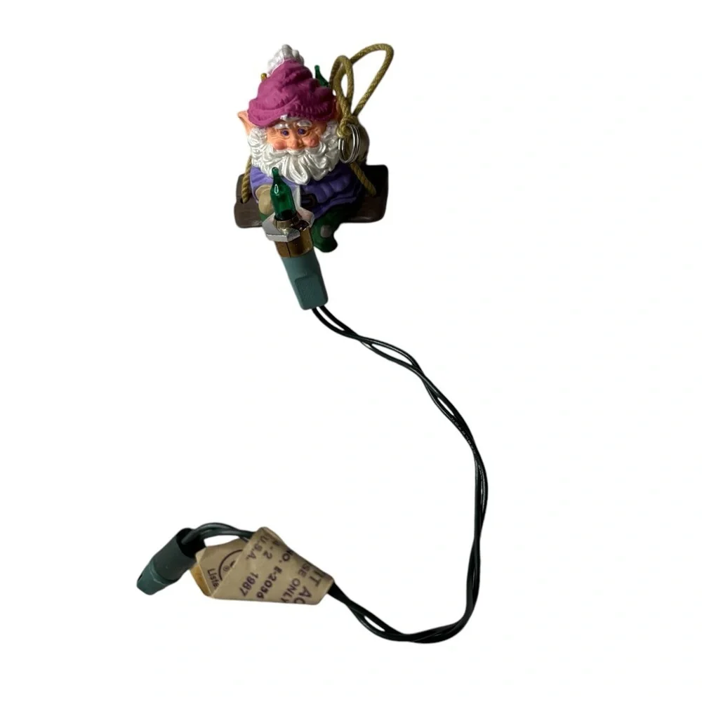 Vintage 1987 Hallmark Keepsake Gnome on Swing Light‎ String Christmas Ornament
