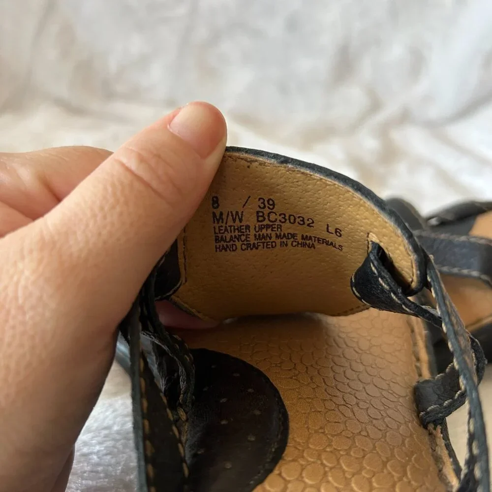 BOC Wedge‎ Sandals Womens Size 39 Black Thong Leather Boho Cottagecore