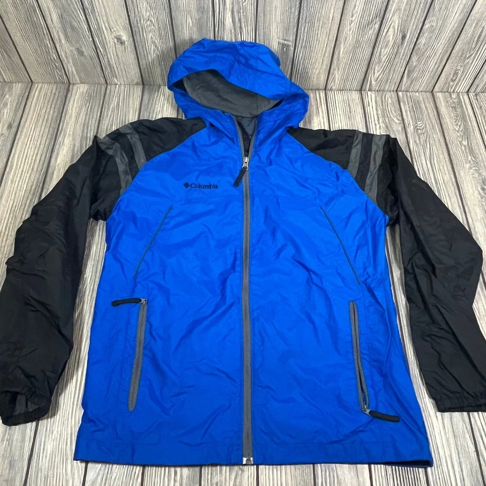 Columbia Windbreaker Rain Jacket Youth Size 18/20 Blue Black Hooded Full‎ Zip