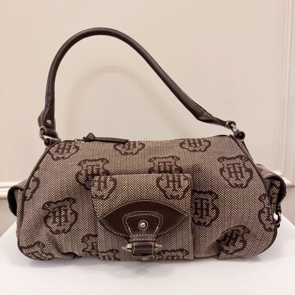 Vtg‎ Y2K Tommy Hilfiger Logo Brown Purse Shoulder Bag Fall Herringbone EUC