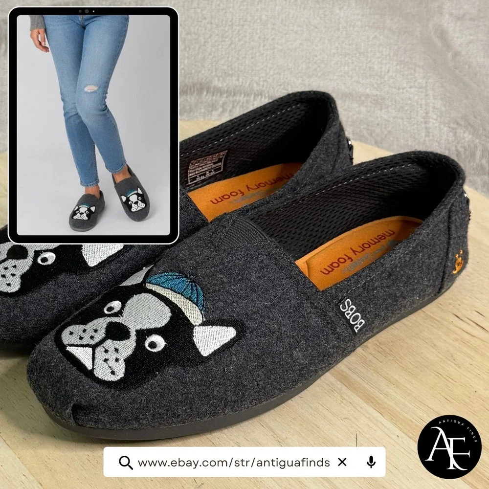 Skechers BOBS for Dogs Frenchie Boston Terrier Gray Felt Flats 34407 Womens‎ 8