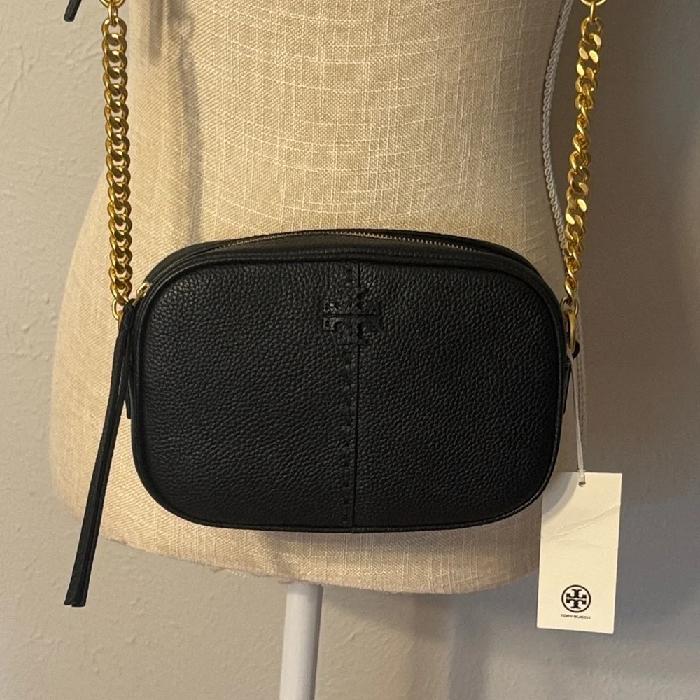 Tory Burch Black Pebbled Leather Camera Bag with Gold Chain