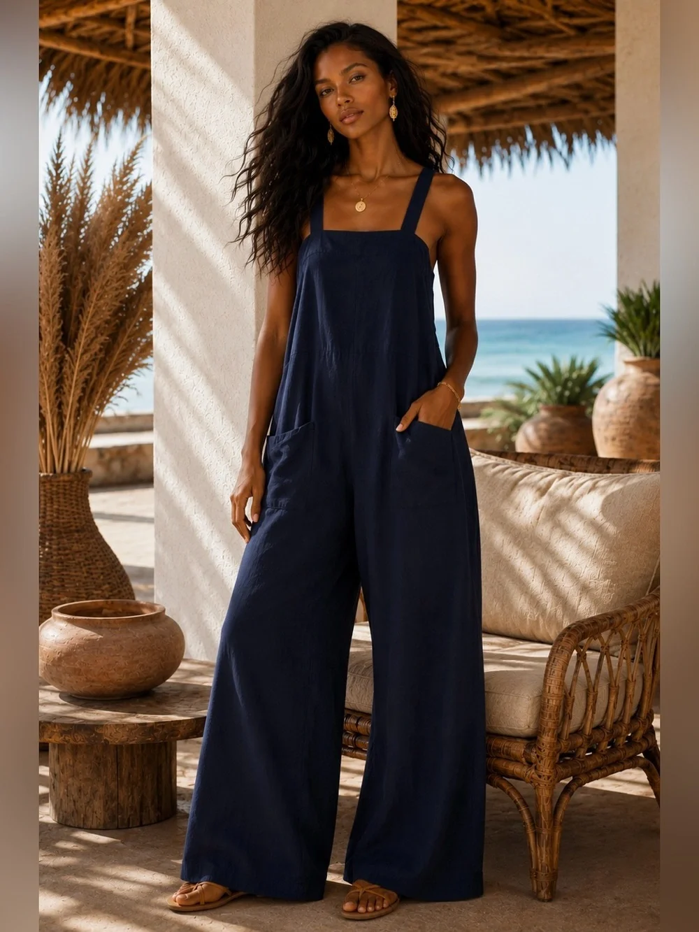 Women's Navy Wide-Leg Linen Jumpsuit with Pockets