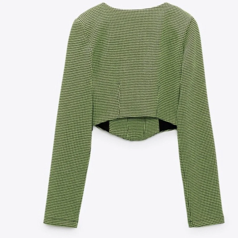 Zara women’s green houndstooth crop top blouse size small new‎