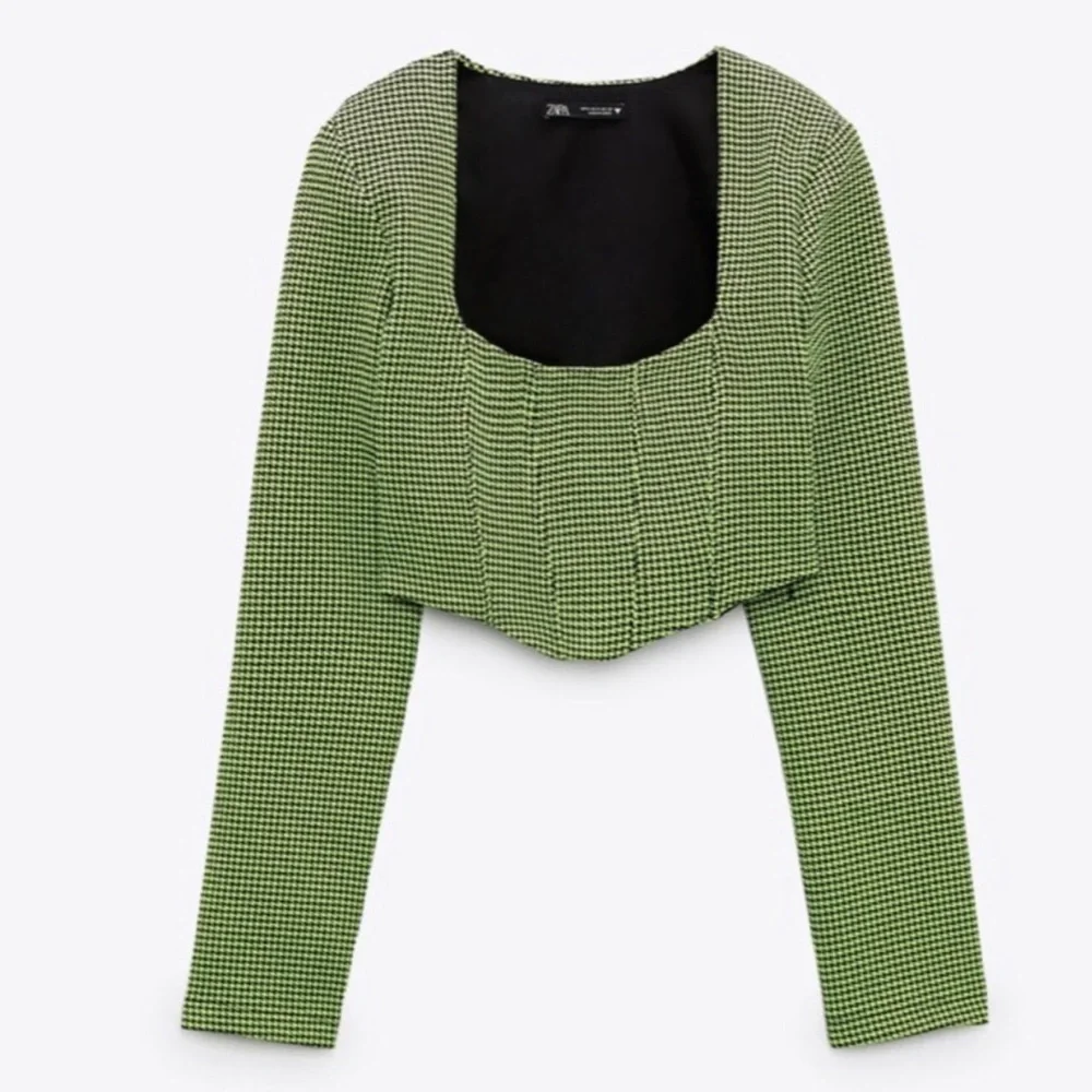 Zara women’s green houndstooth crop top blouse size small new‎