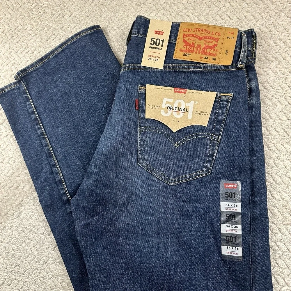 NWT Levis 501 XX Mens 34x36 Button Fly Original Stretch Tall Denim Medium‎ wash