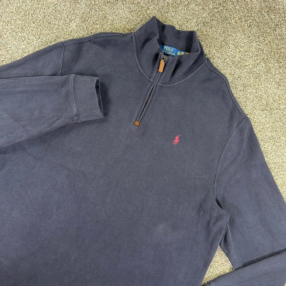 Polo Ralph Lauren Men XXL Navy Blue Quarter Zip Pullover Cotton Sweater Pony Log