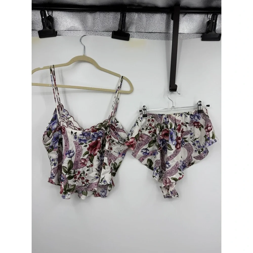 Vtg Victoria's Secret Pajama Set L White Floral Gold Label Camisole‎ Tap Shorts