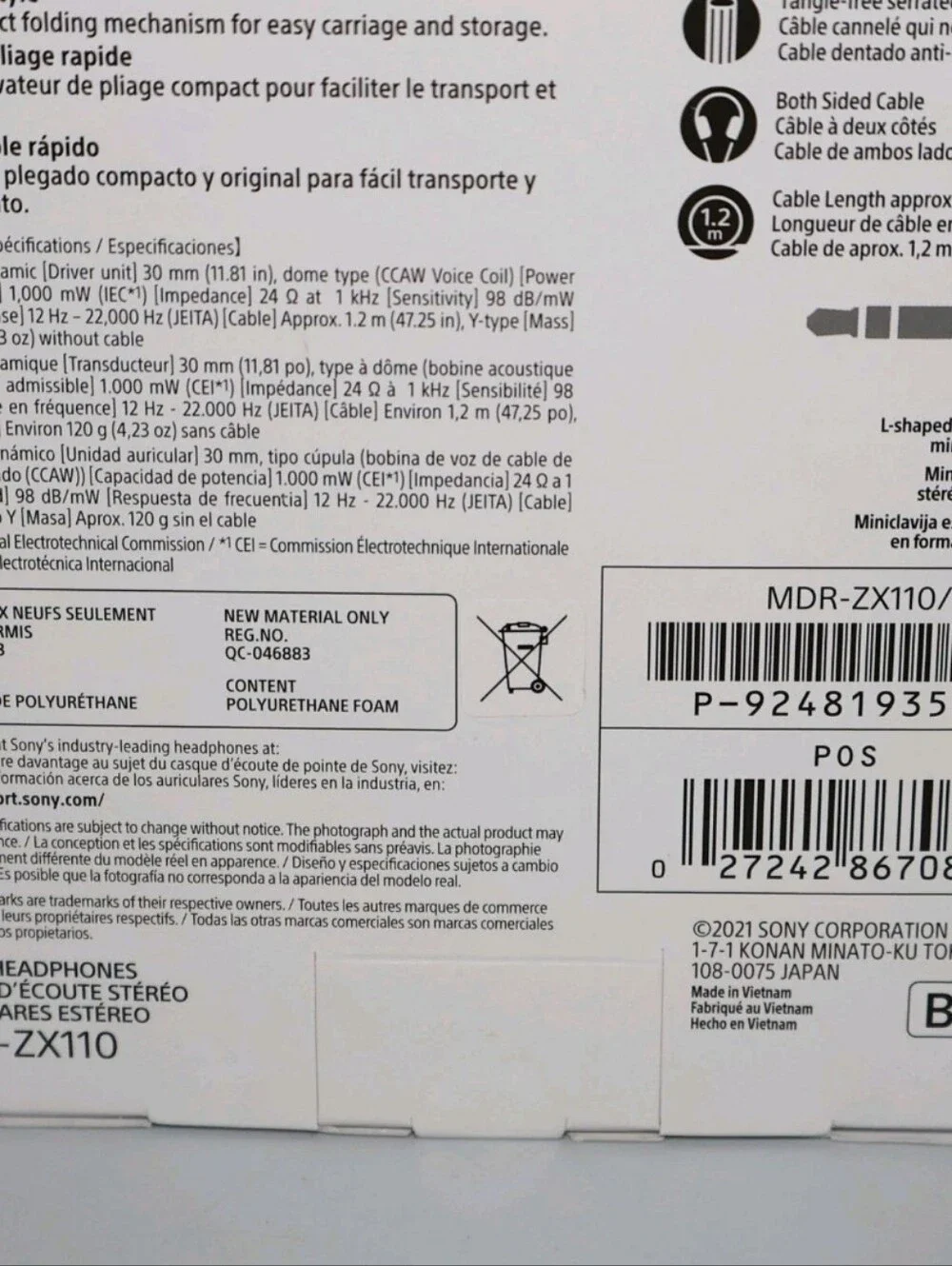 SONY Wired On-Ear Stereo Headphones, Black (MDR-ZX110) Brand New Factory Sealed