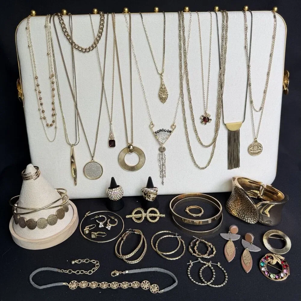 Gold Tone Jewelry Lot Vintage -Now Costume Necklaces Cuff Bracelet Earring Rings