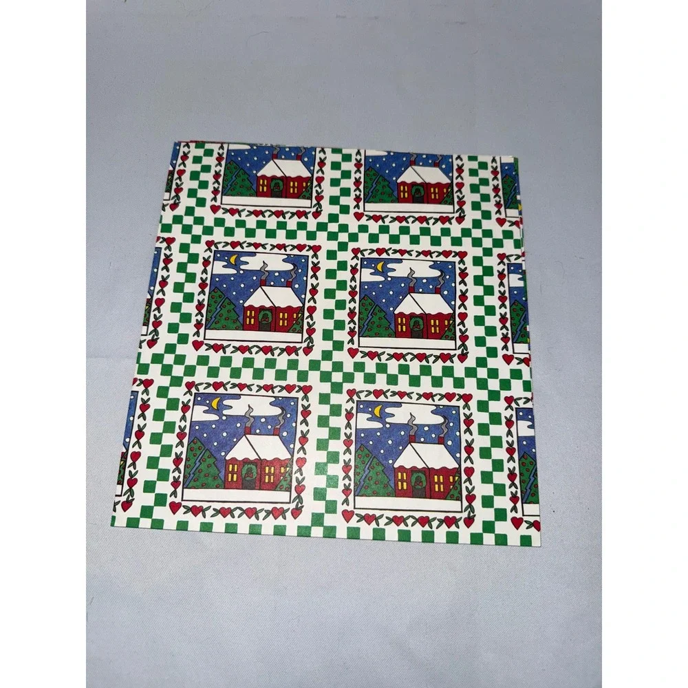 Vintage Christmas Gift Wrap Folk Art Snowy Cottage Green Checkerboard 25x20