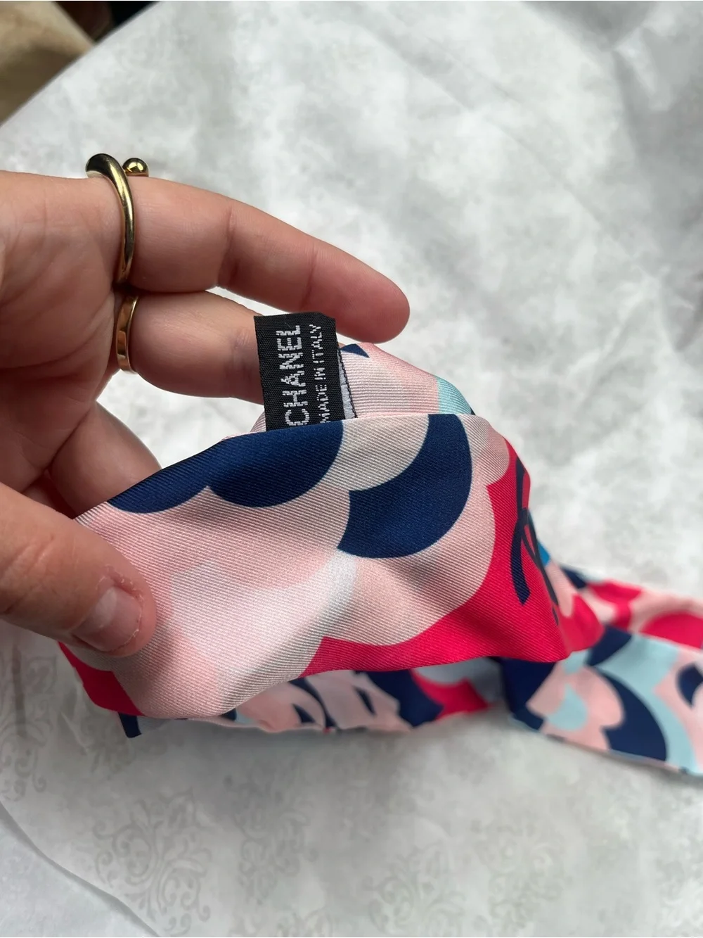 Authentic Chanel  Blue Red Flower Maxi Twilly, Necktie or purse Scarf Silk