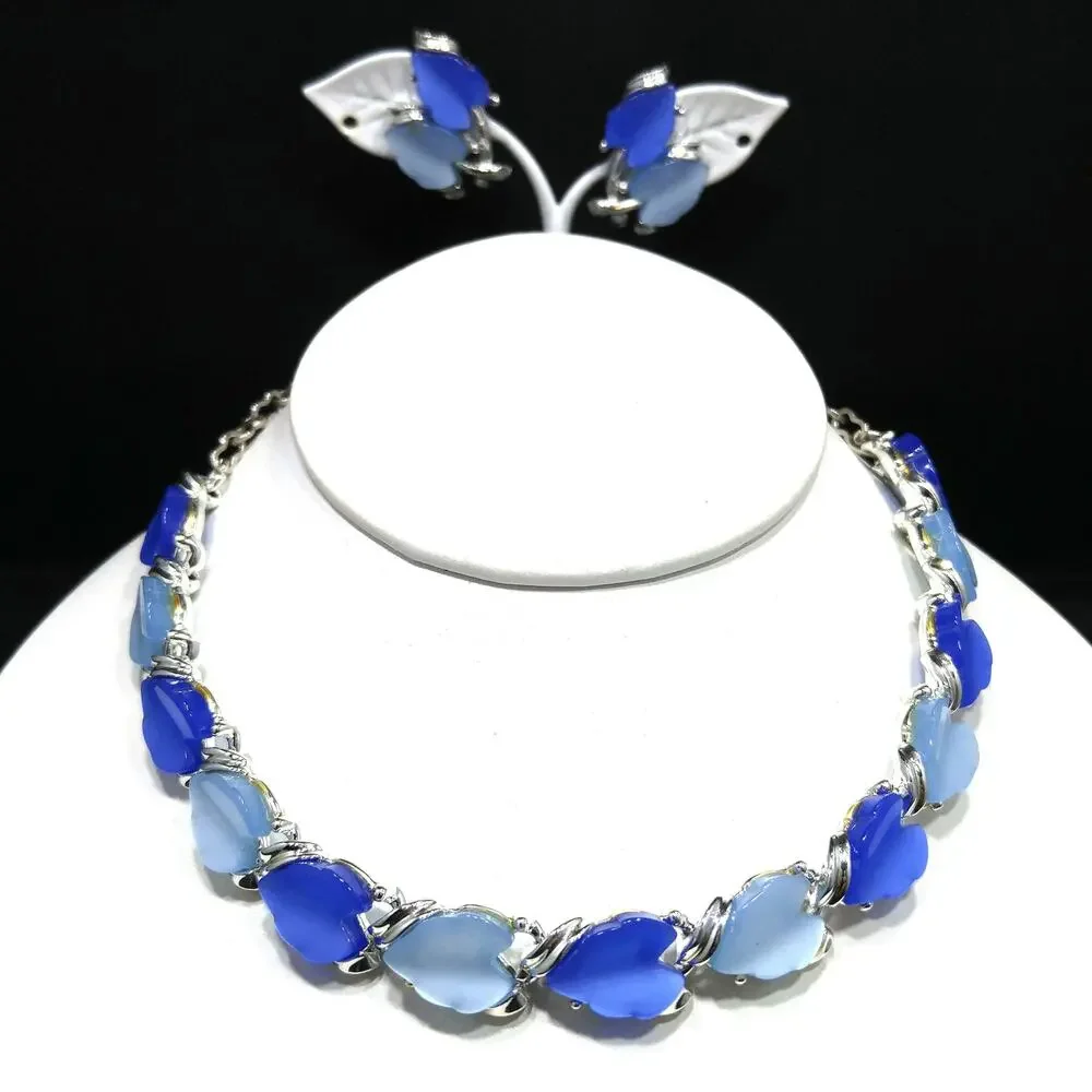 1960s Blue Lucite Leaf Necklace & Clip On Earrings Set Silver Tone Vintage