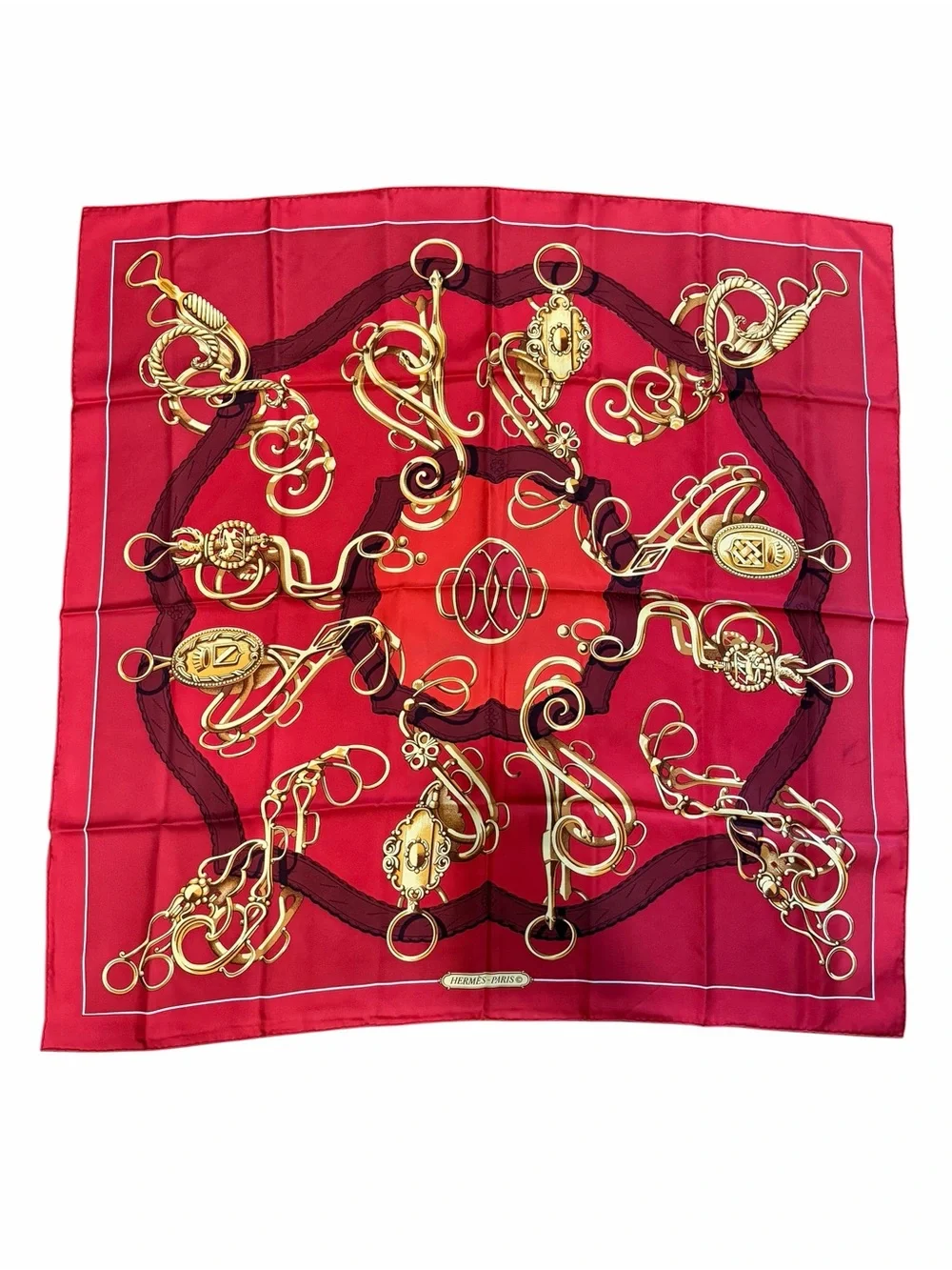 Hermes Red Silk Scarf with Gold Equestrian Hardware Motif