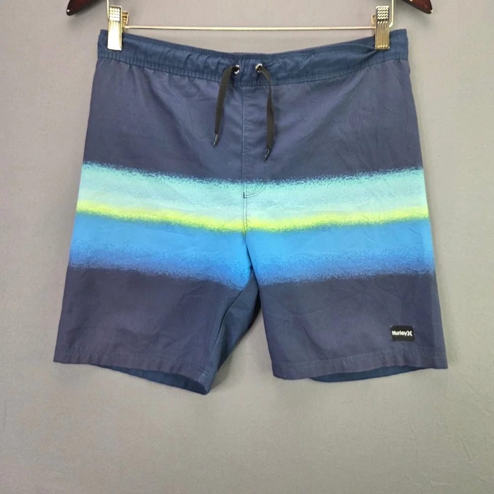 Hurley Boys Board Shorts Swim Trunks 10/12 Blue Neon Stripe Elastic Waist 7