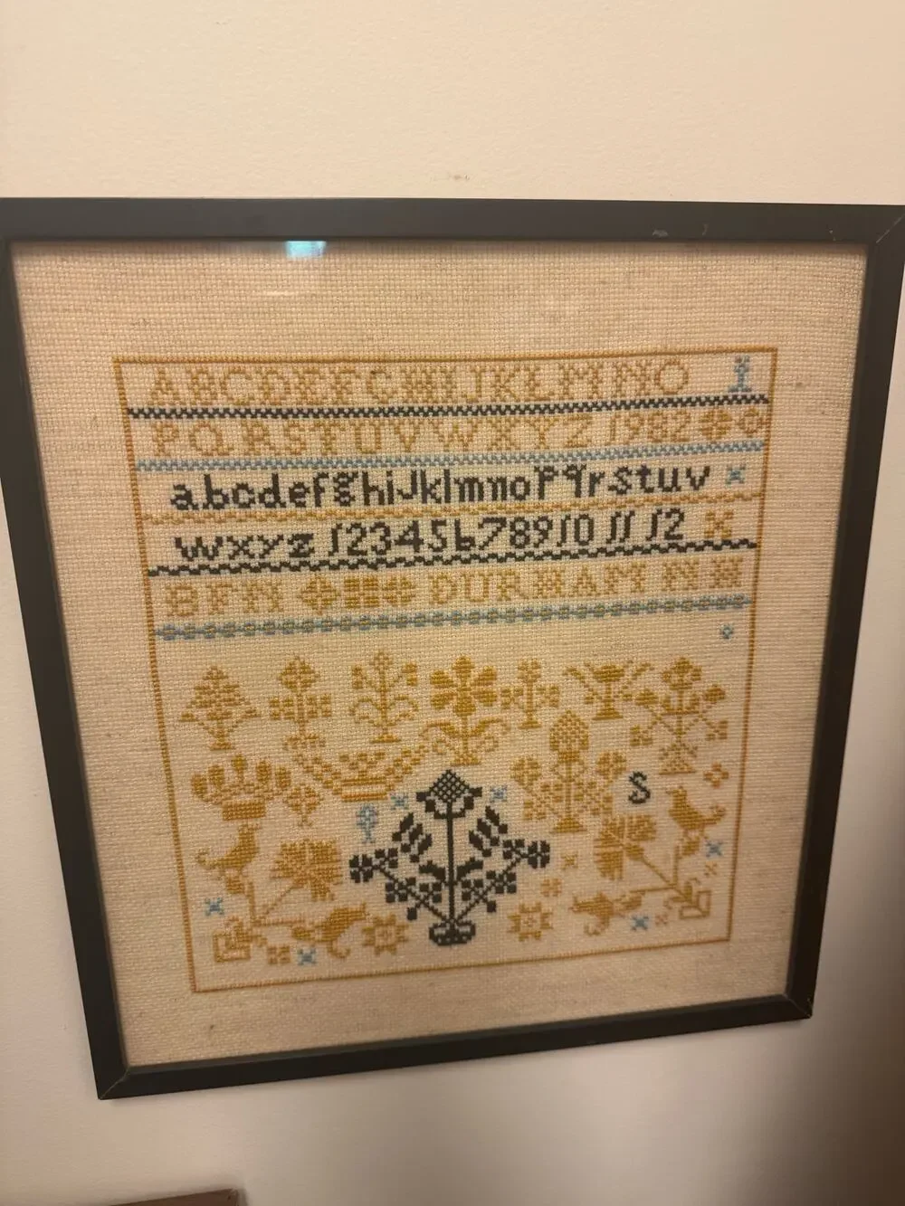 Antique Cross Stitch Sampler Alphabet Artifact Durham NH 12.75x14”