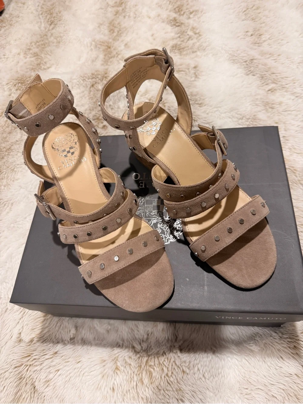 Vince Camuto Braylee Studded Suede Sandals – Totally Taupe – Size 7.5M NWT
