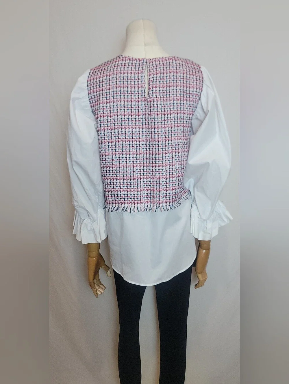 Zara Woman Red Blue White Contrast Tweed blouse, Size Small