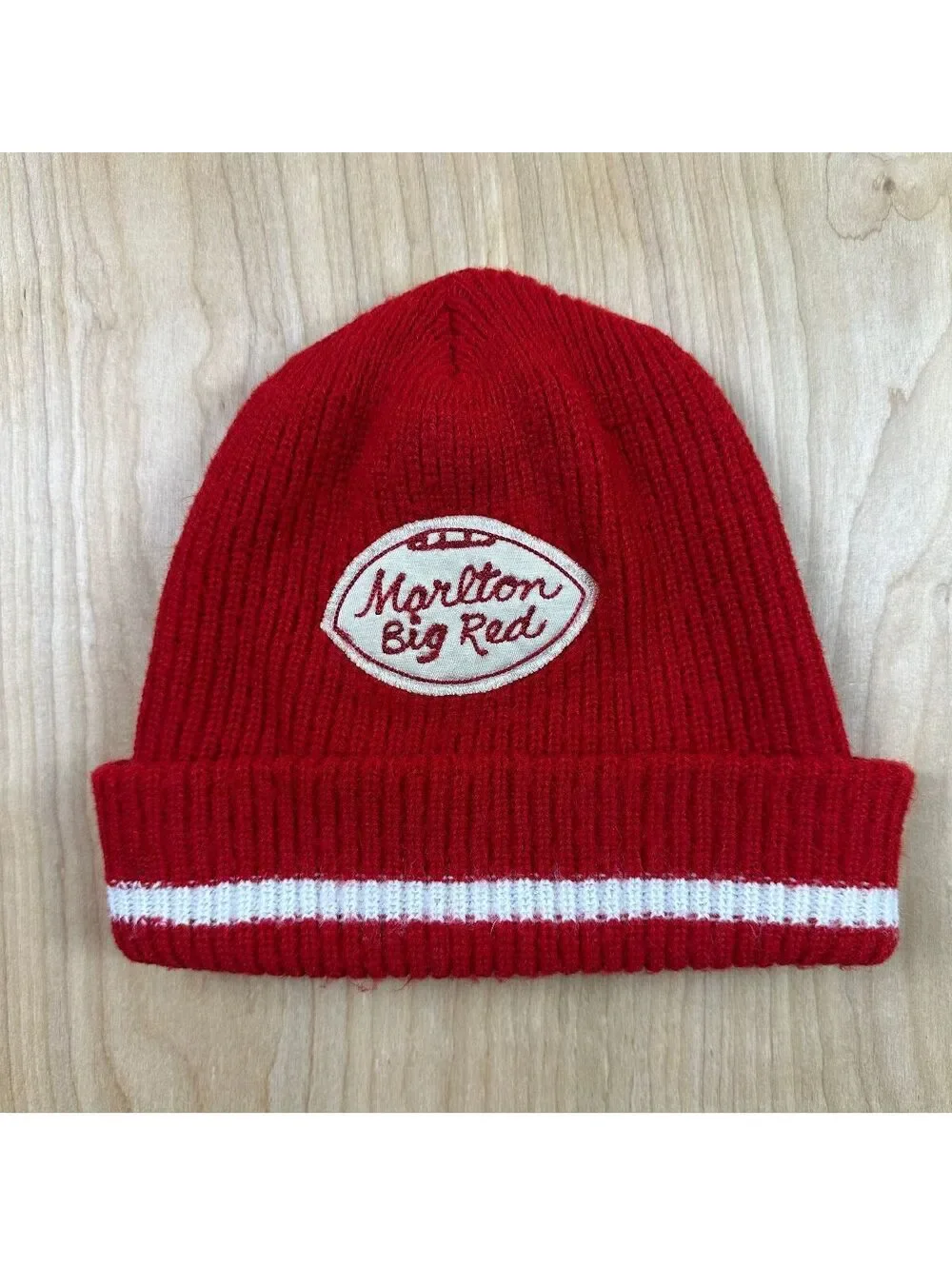 Vintage 70s Marlton Big Red Beanie Chain Stitch football wool knit hat stripe