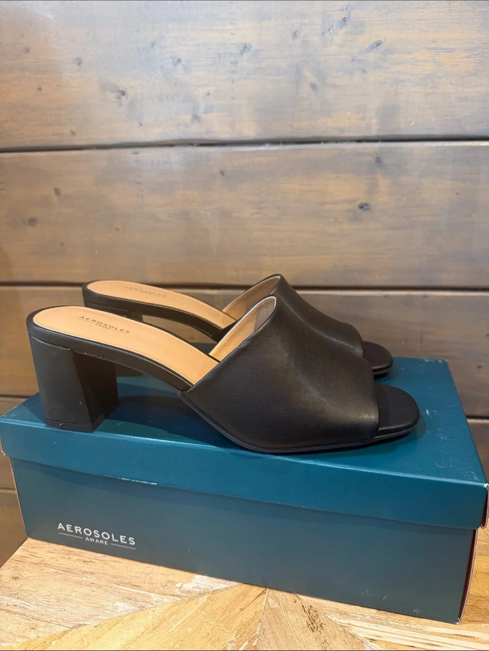 AEROSOLES Black Leather Open-Toe Block Heel Mules