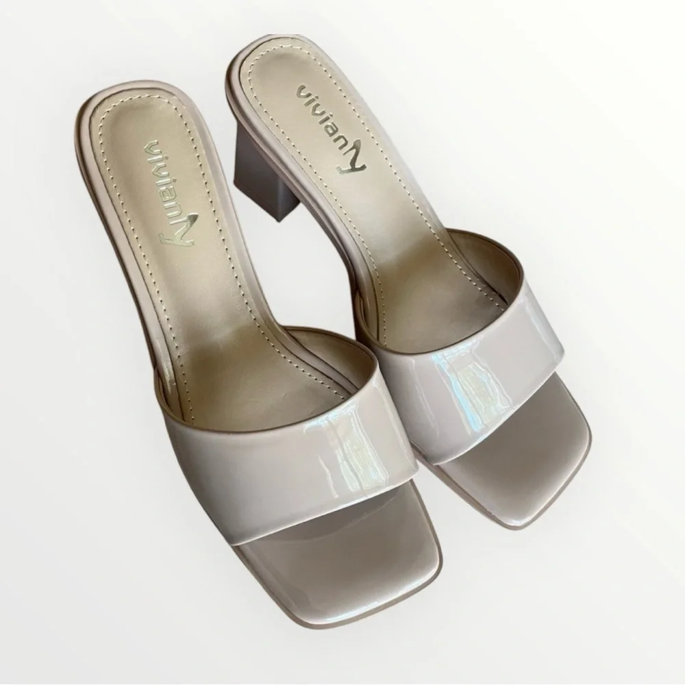VIVIANLY✨ Square Toe Slide Heels Beige Nude Brand New