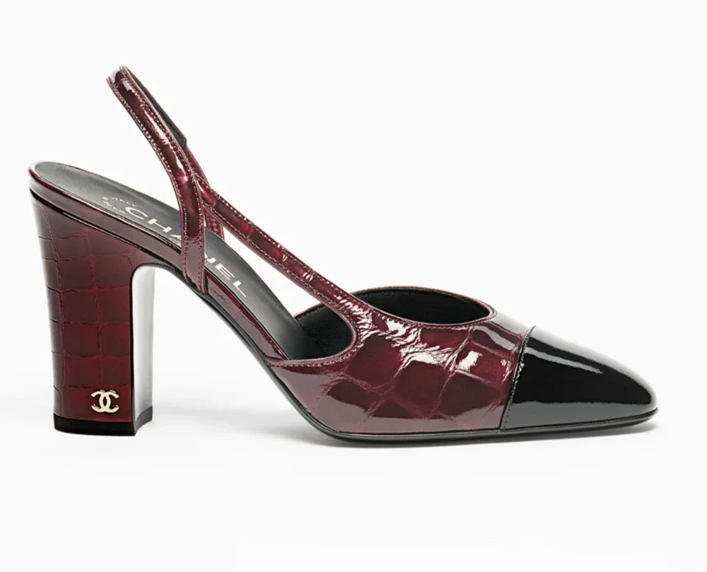 Chanel 26A Burgundy Black Crocodile Coco Sling Slingback Block Heel Pump 40c
